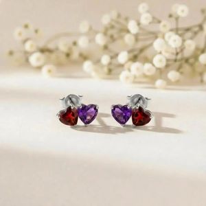 Natural <b>Garnet</b> Amethyst <b>Earrings</b> Heart Shape Red Purple Gemstone Studs <b>Earrings</b> Minimalist Gold Silver Jewelry Gift for Her - Product Image 2