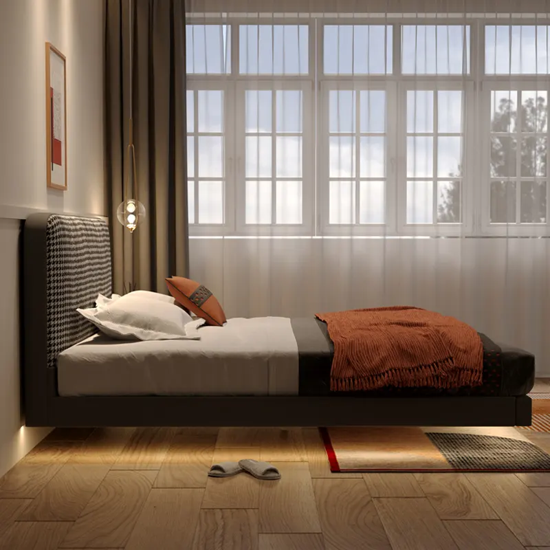 Nordic Minimalist Suspended Wooden Bed Dark Gray Modern Minimalist Suspended Bed Bedroom 1.8M Double Bed