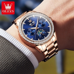 นาฬิกาข้อมือผู้ชาย OLEVS 6695 ระบบดรอปชิปปิ้ง หน้าปัดมัลติฟังก์ชั่นเต็มรูปแบบ สายสตีลสีน้ำเงิน ปฏิทิน วันที่ วันในสัปดาห์ ข้างขึ้นข้างแรม กันน้ำ - Product Image 5