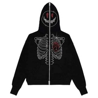 Sudadera con capucha y cremallera completa para hombre, oversize, negra, con bordado 3D, lavado ácido, pedrería y detalles de tela, estilo streetwear gótico Y2K, de invierno, con bolsillo y diseño de araña