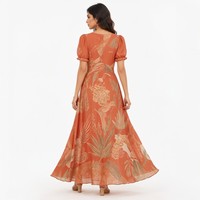 Robe longue femme en viscose 120 GSM, coupe trapèze évasée, manches bouffantes, imprimé floral Rose du Désert, style arabe romantique, personnalisable avec logo – Vente en gros
