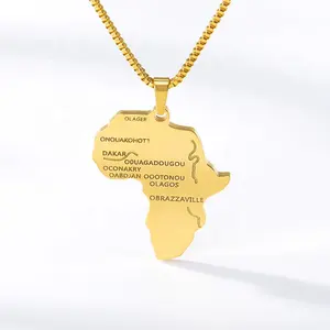Özel paslanmaz çelik dünya haritası takı zinciri 18K altın kaplama afrika altın kolye