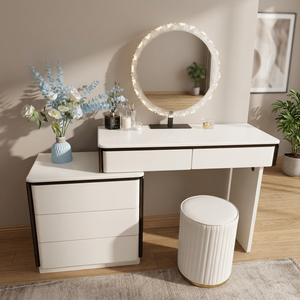 Modern White <b>Makeup</b> Vanity Table with Lighted <b>Mirror</b> and Storage Drawers for Bedroom Furniture - Product Image 3
