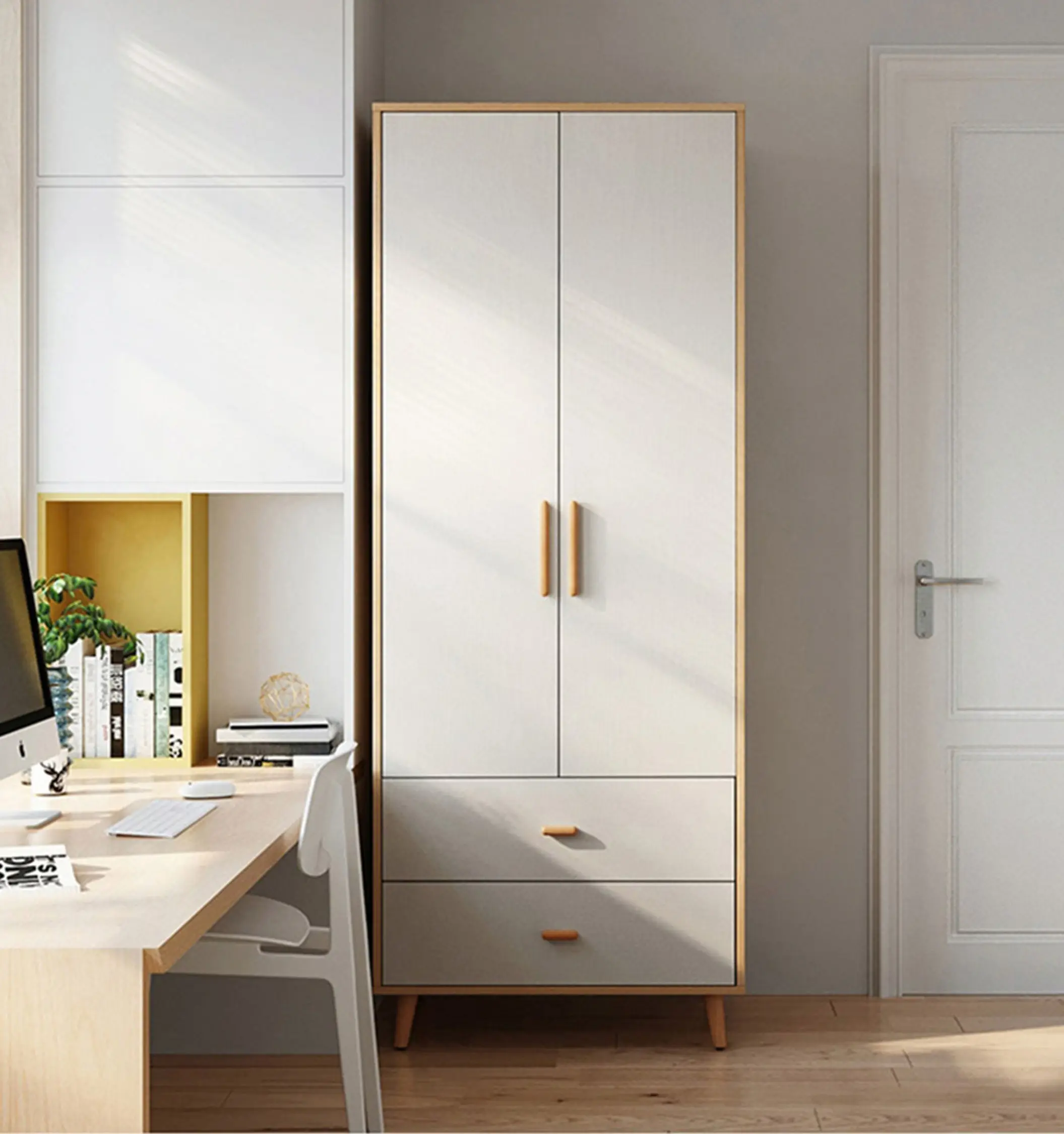 Custom Home Natur möbel Doppel 2 Türen moderne einfache Holz <span class=keywords><strong>Stoff</strong></span> Schrank Kleider schrank für Schlafzimmer
