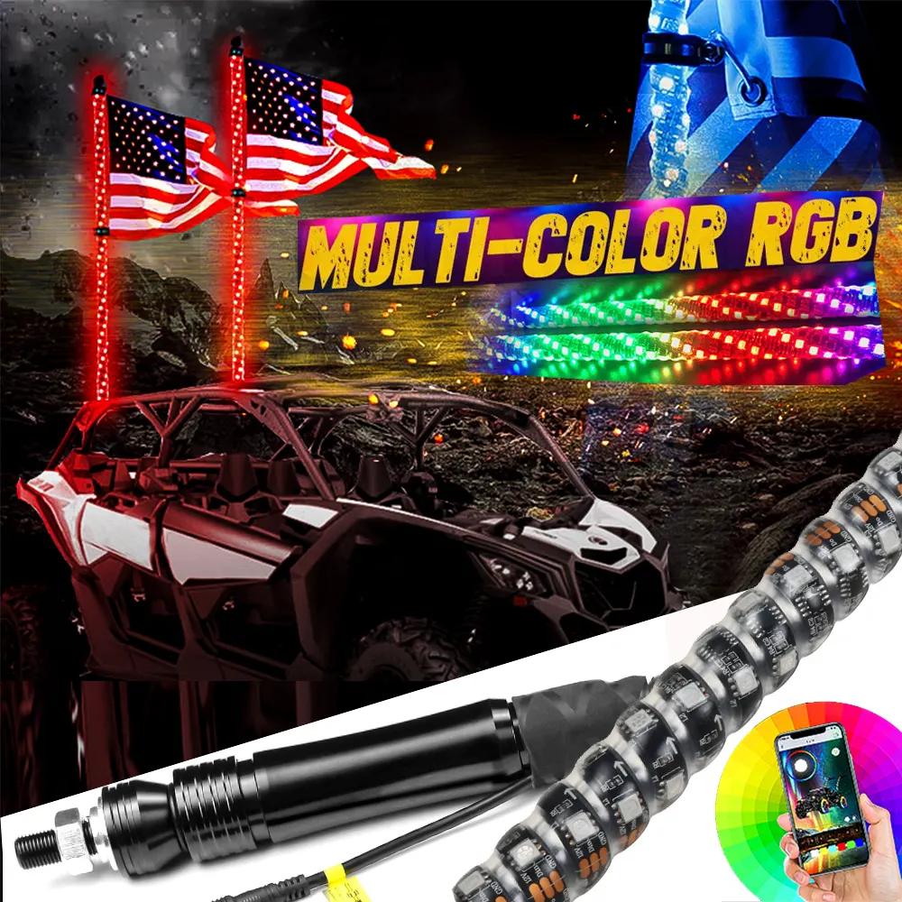 RGB LED แส้นิรภัยหลากสีไล่เสาอากาศ,เสาธงไฟ LED แส้สำหรับรถ ATV UTV Buggy RZR รถออฟโรด