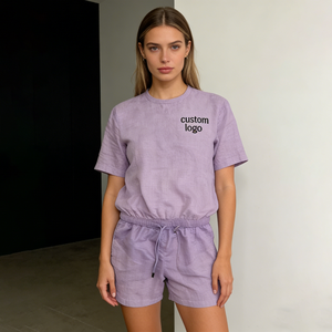 Completi Corti in <span class=keywords><strong>Lino</strong></span> da <span class=keywords><strong>Donna</strong></span> Personalizzabili: <span class=keywords><strong>T</strong></span>-<span class=keywords><strong>Shirt</strong></span> Girocollo e Pantaloncini con Coulisse in Vita – Set Casual per il Tempo Libero - Product Image 3