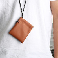 Tas Dompet Earphone Leher dengan Tali, Tas Penyimpanan Mini, Kantong Kulit Penutup Otomatis, Organizer Kabel