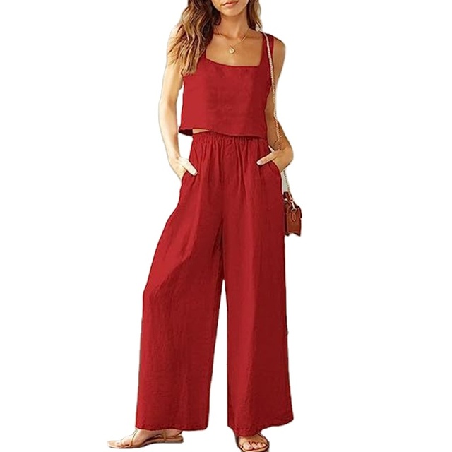 Best Sale Women's Co-ords Lady Wide Leg Long Pants 2 Piece Set Casual Plain Vest Sets Basic Linen Cotton Two Piece Sets