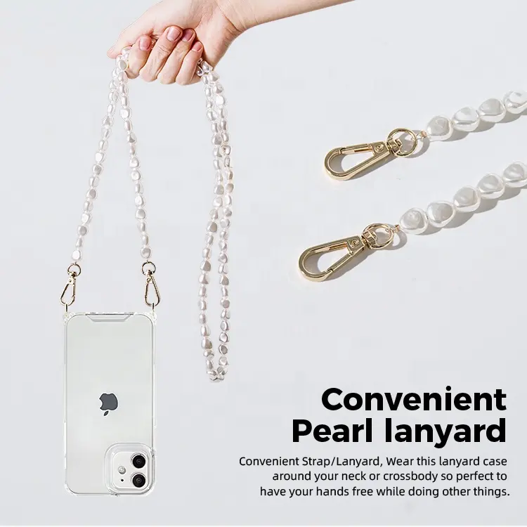 2023 Girly Amazon Neck Strap Luxury PC TPU Trend Custom Logo Bulk Clear Designer Pearl Beads Chain Phone Cases For iPhones