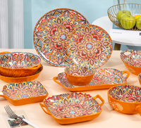 Service de Table Bohème en Céramique Écologique et Durable à Motif Végétal Cramoisi – Bols, Assiettes et Grands Plats pour Riz et Soupe – Vente Transfrontalière