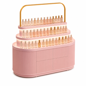 Comptoir de présentation de cosmétiques ovale rose avec éclairage LED, vitrine en îlot à niveaux et cadre en arche dorée pour magasin de parfums - Product Image 6