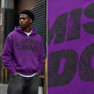 Sudaderas con capucha moradas extragrandes casuales para hombre con cremallera, estampado de letras personalizado, efecto desgastado, estilo streetwear - Product Image 2