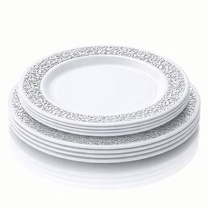 Platos de plástico redondos blancos con aspecto de papel de aluminio plateado para bodas y cenas - Product Image 5