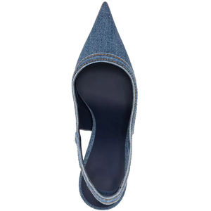 Prezzo all'ingrosso Logo personalizzato classico Sexy <span class=keywords><strong>scarpe</strong></span> a punta con tacco sottile in metallo tessuto <span class=keywords><strong>Denim</strong></span> tacchi blu per le donne - Product Image 4