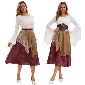 Women's Asymmetrical Plaid <b>Patchwork</b> <b>Skirt</b> Elastic Waist Corduroy Adjustable Retro Style Set - Product Image 1