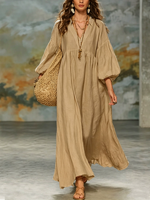 Robe longue de vacances Lazy Trend Siemia pour femme en coton et lin, col en V profond, manches à volants, coupe ample et ourlet large