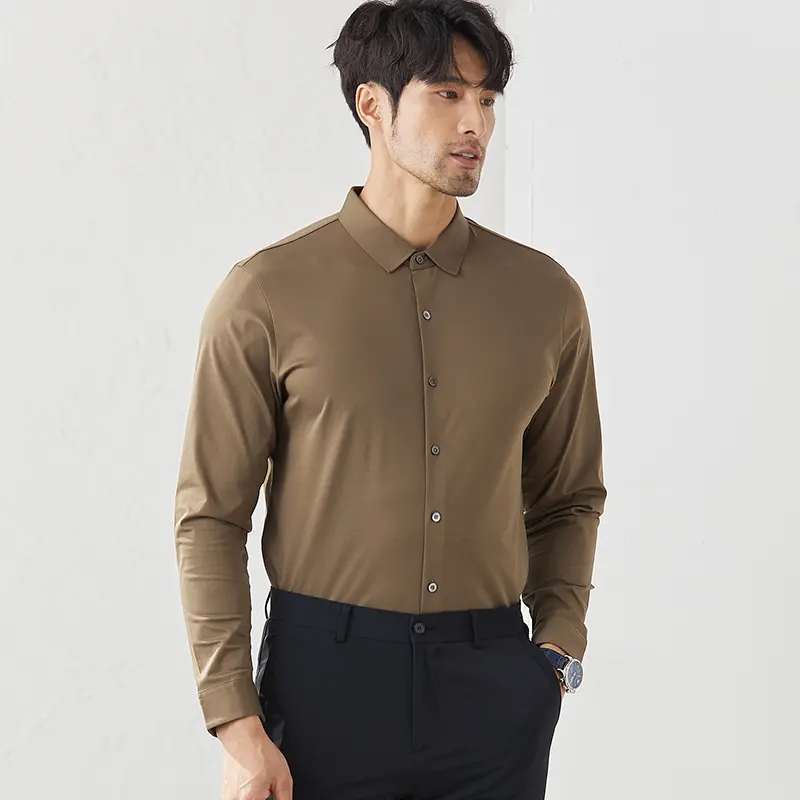 Cardigã de lapela de algodão mercerizado de manga comprida para homens, camisa de negócios com botões, camisas de grife para homens