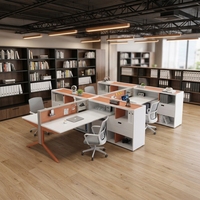 Poste de travail de bureau financier pour le personnel RH, bureau en bois en forme de L avec chaise et armoire latérale, style moderne et minimaliste