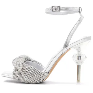 定制2023女士凉鞋标志定制露趾银色闪光12厘米透明钻石鞋跟女士凉鞋