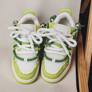 Ladies Low‑Top Sneakers Green White Canvas Raw Edge Deconstructed Double Laces Cartoon Patch Wavy Thick Sole Casual Sneakers - Product Image 5