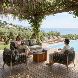 Ensemble <span class=keywords><strong>de</strong></span> canapés <span class=keywords><strong>de</strong></span> <span class=keywords><strong>jardin</strong></span> en teck haut <span class=keywords><strong>de</strong></span> gamme résistant aux intempéries, mobilier <span class=keywords><strong>de</strong></span> <span class=keywords><strong>salon</strong></span> en corde pour villa, usage commercial - Product Image 1