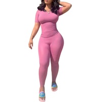 Vêtements de détente personnalisés d'été Vêtements pour femmes 2023 Ensemble deux pièces en tricot côtelé solide Ensemble de pantalons leggings skinny à manches courtes pour femmes