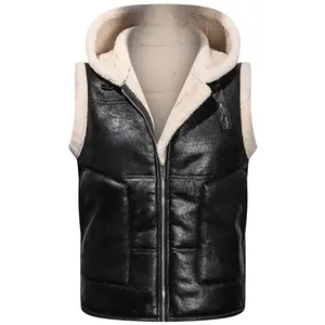 Male velvet padded leather waistcoat hooded cold-proof warm large size waistcoat lamb wool casual cotton vest fashion