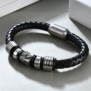 Bracelet en acier inoxydable pour homme, 9 mm, cuir noir, logo franc-maçon, fermeture magnétique, bijoux cadeau - Product Image 2
