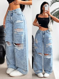Jeans à jambe droite déchirés à taille haute pour femmes, pantalon en denim déchiré pour femmes - Product Image 4