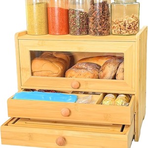 Bamboo Bread Box With Drawers Natural Wood Food <b>Storage</b> <b>Kitchen</b> Organizer - Product Image 1