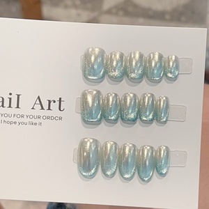 Lot de 10 <span class=keywords><strong>faux</strong></span> ongles courts effet œil de chat bleu chrome Aurora, faits à la main, à presser, effet métal liquide, pour usage quotidien - Product Image 2