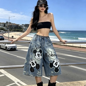 F176/FANMAJIALIE <span class=keywords><strong>Jeans</strong></span> <span class=keywords><strong>Corti</strong></span> da Donna con Design Trendy Mickey e Diamanti, Nuova Collezione, Design Originale, Pantaloni alla Moda - Product Image 1