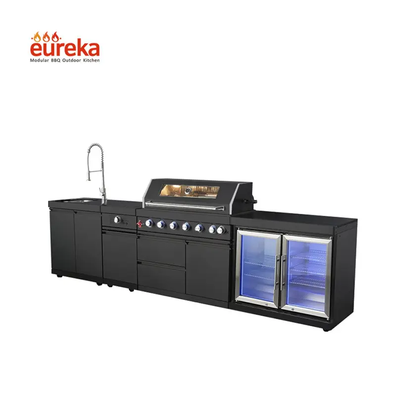 New kitchen design #304 stainless steel black waterproof kitchen cabinet gas bbq grill outdoor kitchen with sink