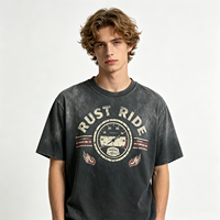 T-shirt noir délavé à l'acide, style vintage, effet salissure, streetwear, avec motif RUST RIDE, pour hommes et unisexe, lot en gros