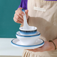 Ensemble de vaisselle jetable en mélamine A5, design moderne et créatif, bleu marine et blanc, résistant aux chocs, comprenant bol à nouilles, tasse et cuillère, vente en gros