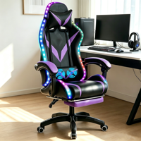 Chaise de bureau gamer moderne inclinable à 180° avec accoudoirs pivotants, logo personnalisé, LED, échantillon gratuit, en cuir PU rose, pour usage domestique