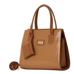 Bolso de mano para mujer Fana Brina, piel sintética color camel, asas dobles, diseño con logotipo, M3828, bolso informal. - Product Image 1