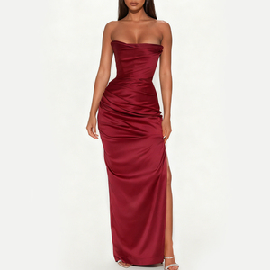 Abiti da Sera Sexy Personalizzati di Alta Qualità, Senza Spalline, Aderenti, in Raso <span class=keywords><strong>Rosso</strong></span> con <span class=keywords><strong>Spacco</strong></span>, per Feste - Product Image 1
