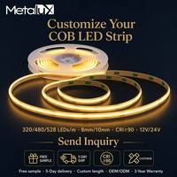 Personnalisation professionnelle Bande LED COB 320/480/528 LED 8mm, très vendue, CRI90, flexible, sans points, blanc chaud, pour chambre d'hôtel, ambiance, ETL