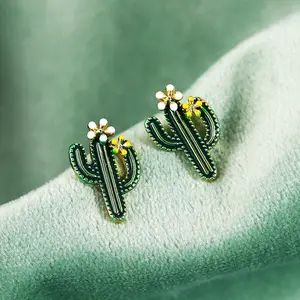 Rafia Fun-pendientes coreanos de flores verdes Bts, pendientes de tuerca con forma de Cactus verde, sin níquel
