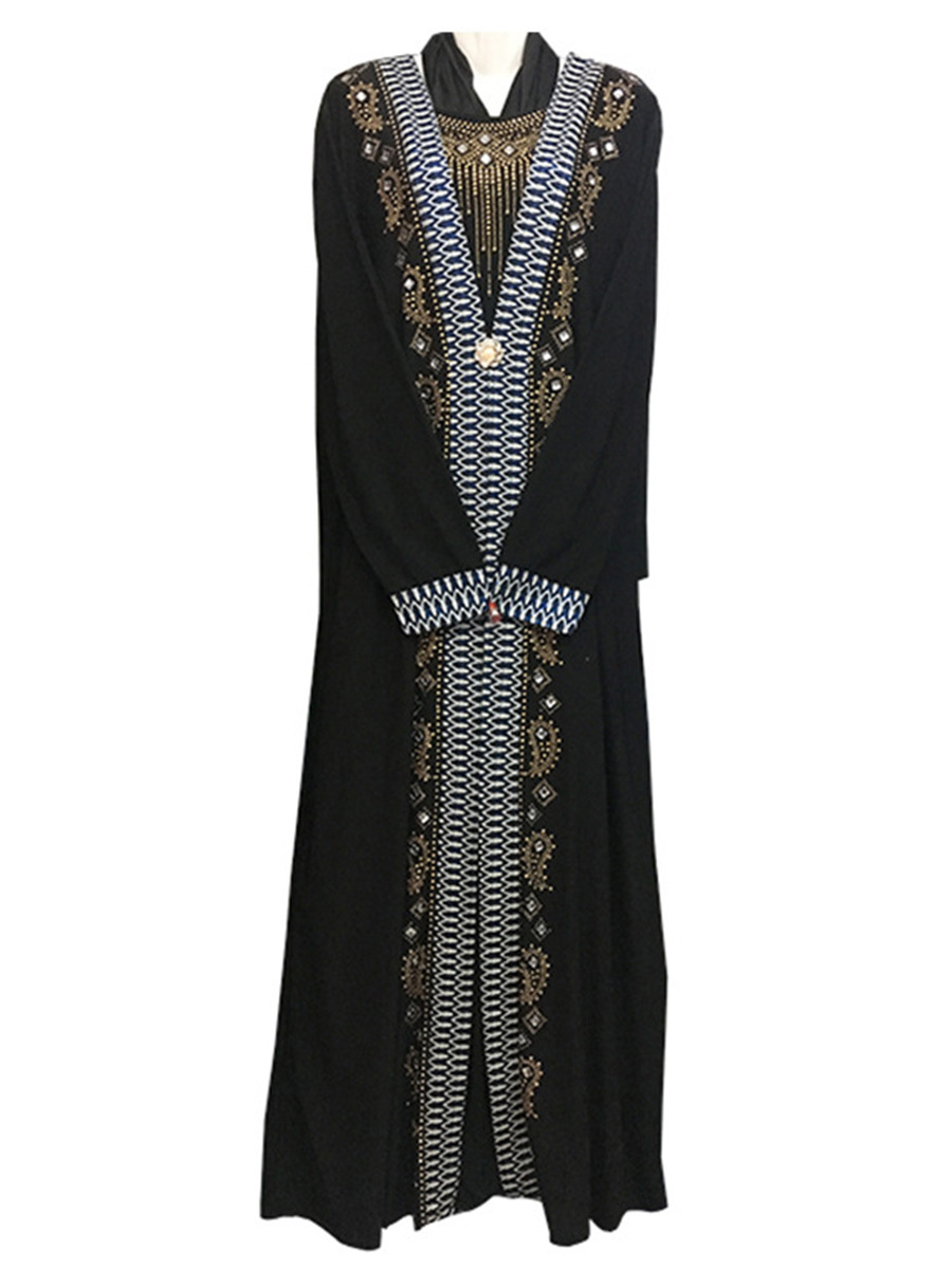 高品质女性伊斯兰祈祷女士黑袍阿拉伯长袍头巾水钻印花连衣裙穆斯林