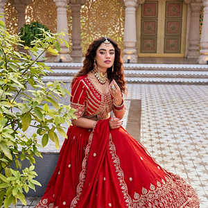 <b>Red</b> Embroidered Indian Wedding <b>Lehenga</b> Choli Set Floral Threadwork Net Dupatta Women's Festive Outfit - Product Image 1