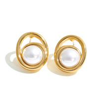 Boucles d'oreilles JINYOU 8007 vintage en acier inoxydable plaqué or PVD, double cadre ovale, perles simulées, boucles d'oreilles statement