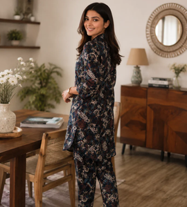 Navy Floral Print Cotton Co-Ord for Women Premium Breathable Wrinkle-Free Quick-Dry Casual Daily Wear Two Piece Outfit Summer - Product Image 2