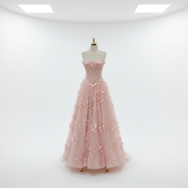 Pink 3D Flowers Ball Gown Quinceanera Bridal Dress Sequined Lace Decoration Beaded Birthday Prom Dresses Floor-Length