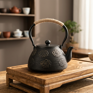 Bouilloire à thé traditionnelle chinoise en fonte avec motif floral et poignée en corde, pot à eau avec couvercle - Product Image 2