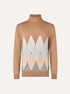 Áo len cổ lọ nam họa tiết Argyle màu nâu lạc đà, phối xám và be, chất liệu len Merino - Product Image 6