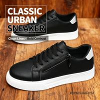 Baskets décontractées pour hommes en cuir PU, blanches et noires, à lacets, avec fermeture éclair latérale, pour la marche quotidienne et le skate