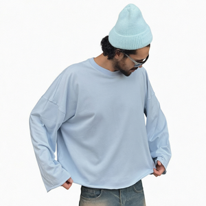 T-shirt décontracté surdimensionné à manches longues pour homme, design vierge, teinture unie, bords bruts - Product Image 1