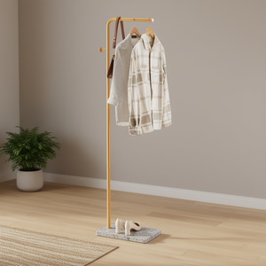 Porte-manteau sur pied avec base en pierre de quartz, 3 crochets, design moderne et minimaliste pour l'organisation du salon - Product Image 2